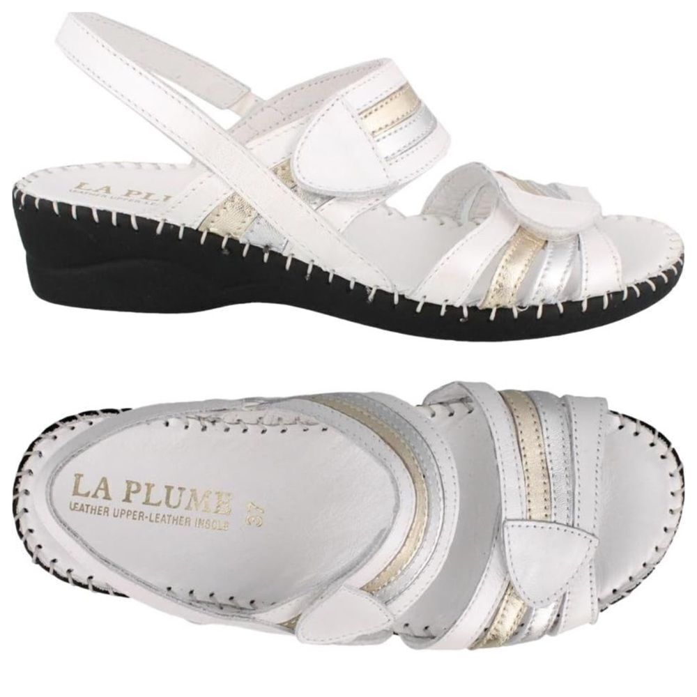 NWOB La Plume Women’s Anya Sandal Velcro Strap White Silver Gold Sz IT 38 US 7.5